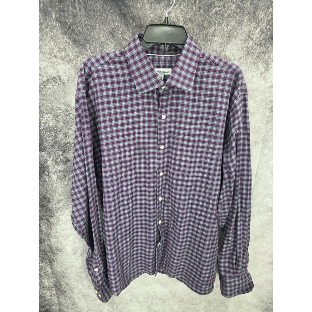 Peter Millar Shirt Mens XL Purple Plaid Button Up Long Sleeve Designer Preppy